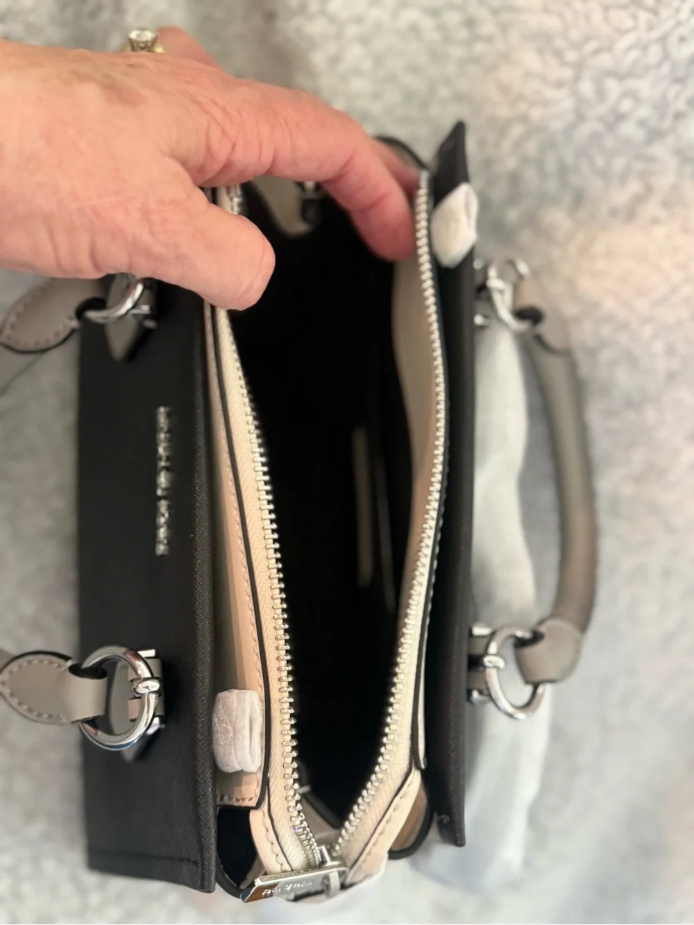 Michael Kors Black Satchel with Grey Handles and Cream Sides